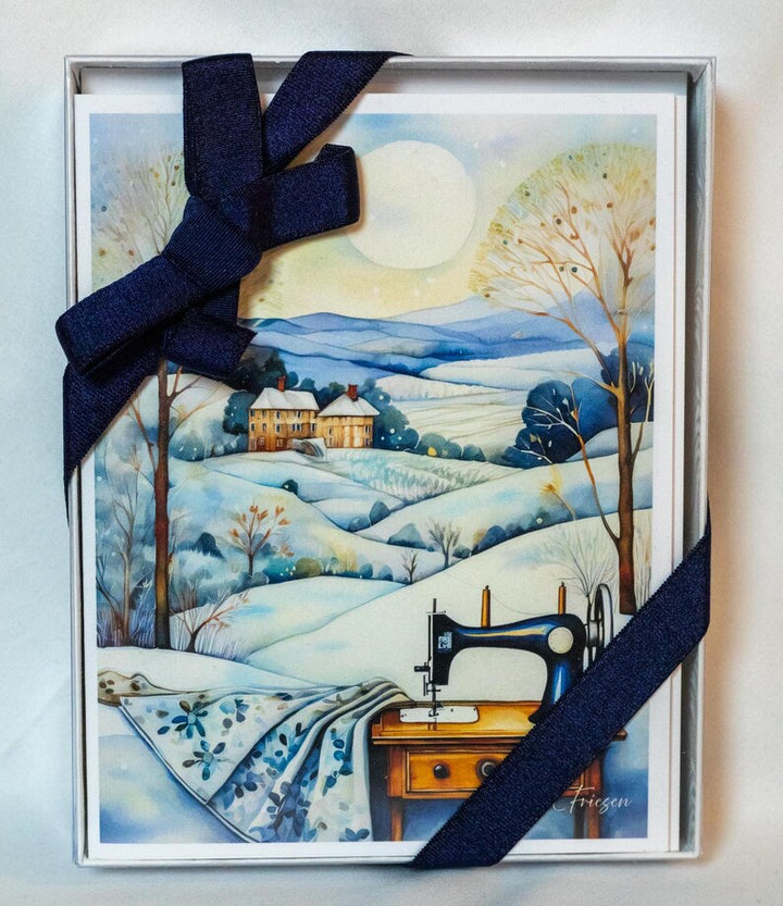 Midwinter Splendor Greeting 6 Card Boxed Set, Watercolor Cubist Artwork, Quilting & Sewing Gifts Notecard, Framable Art Card, Quilt Snow Day