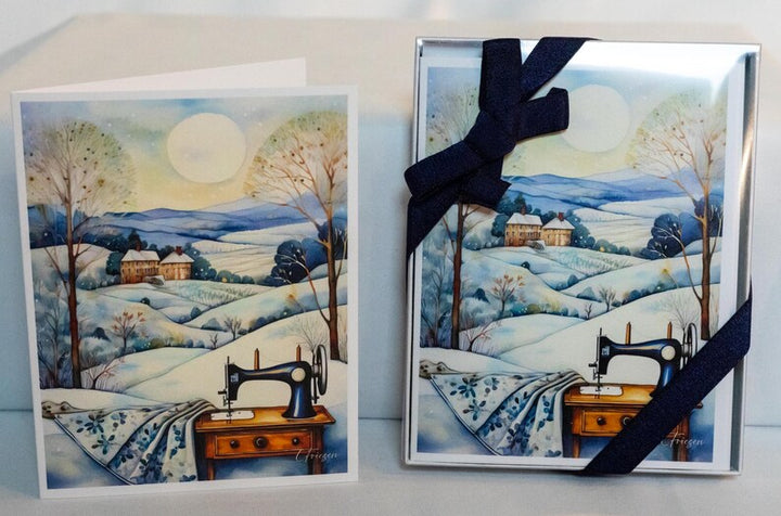 Midwinter Splendor Greeting 6 Card Boxed Set, Watercolor Cubist Artwork, Quilting & Sewing Gifts Notecard, Framable Art Card, Quilt Snow Day