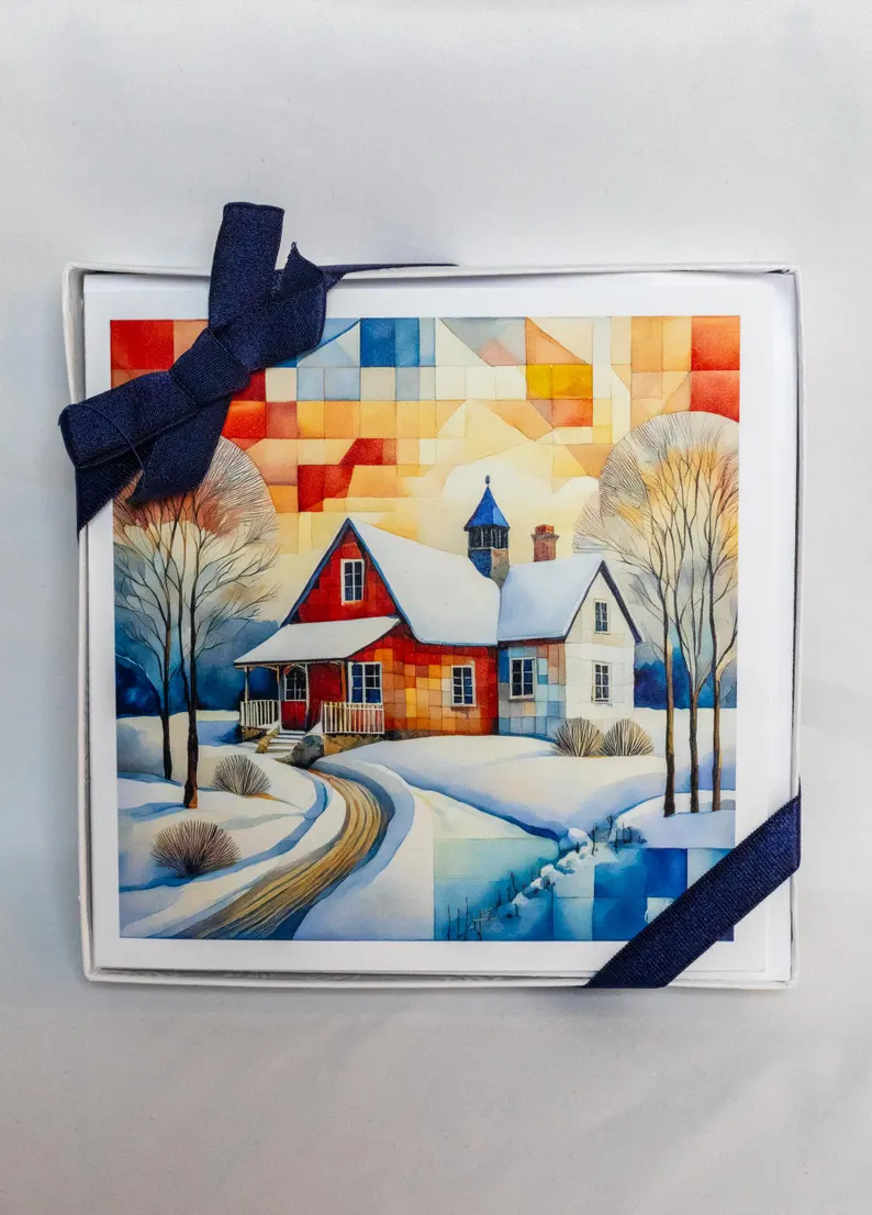 Boxed Set of Blank Greeting Cards, 4 Designs, Watercolor Cubist Artwork, Quilting & Sewing