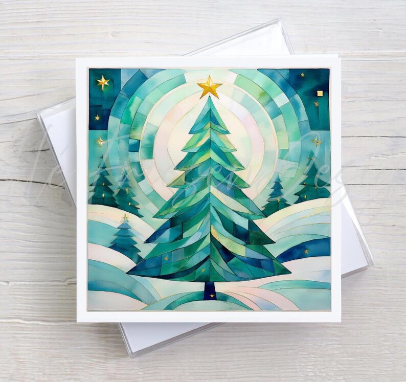 Teal Fir Tree Holiday Greeting Card, Quilted Christmas Tree, Watercolor Cubist Artwork, Christmas Cards, Quilters & Sewer Gifts