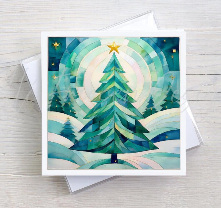 Teal Fir Tree Holiday Greeting Card, Quilted Christmas Tree, Watercolor Cubist Artwork, Christmas Cards, Quilters & Sewer Gifts