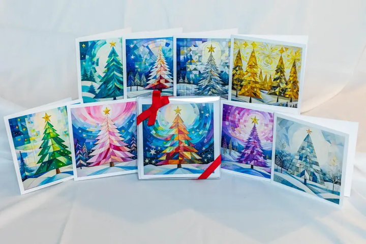 Holiday Hues - Festival of Trees Card Collection, Quilted Christmas Tree, Watercolor Cubist Artwork, Christmas Cards, Quilters & Sewer Gifts