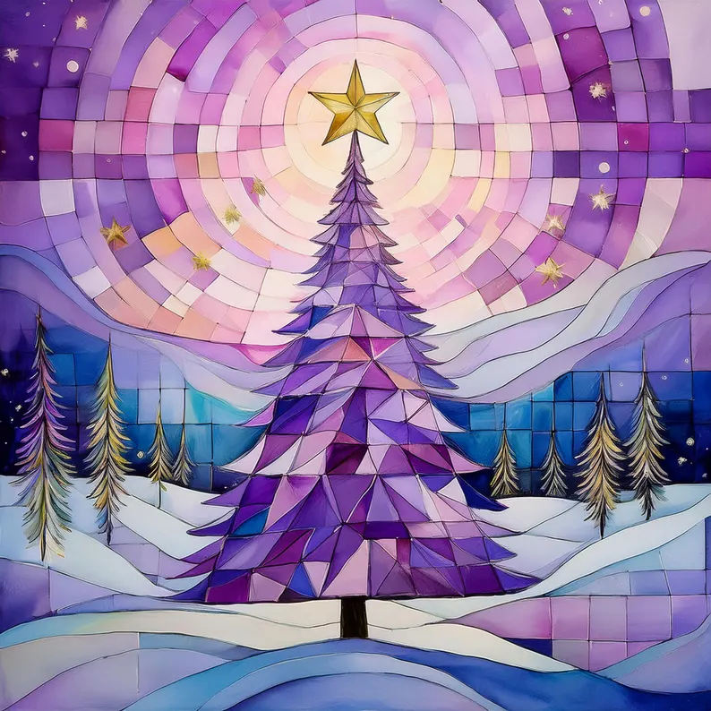 Holiday Hues - Festival of Trees Card Collection, Quilted Christmas Tree, Watercolor Cubist Artwork, Christmas Cards, Quilters & Sewer Gifts