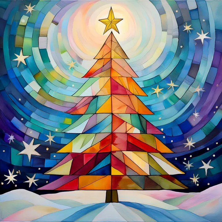 Holiday Hues - Festival of Trees Card Collection, Quilted Christmas Tree, Watercolor Cubist Artwork, Christmas Cards, Quilters & Sewer Gifts