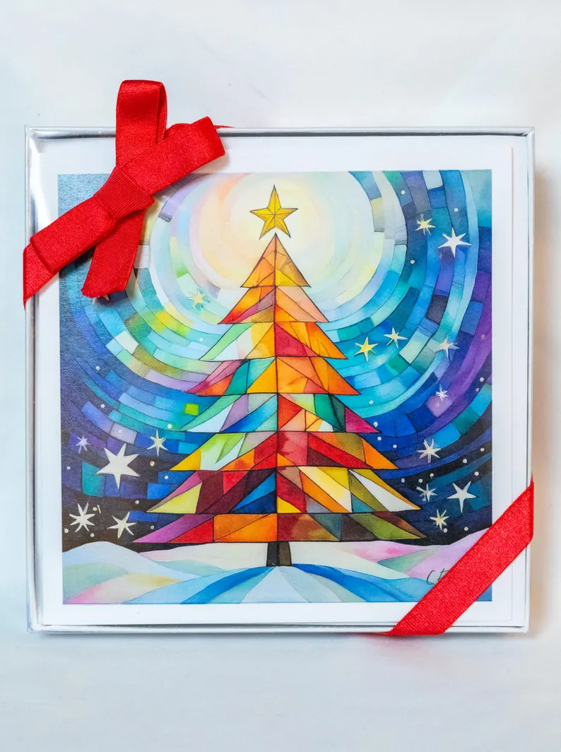 Holiday Hues - Festival of Trees Card Collection, Quilted Christmas Tree, Watercolor Cubist Artwork, Christmas Cards, Quilters & Sewer Gifts