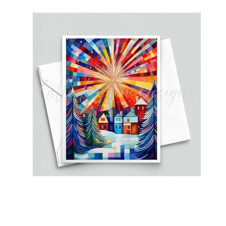 Happy New Year Greeting Card, Welcome 2025, Midnight Moment, New Year's Eve Celebration, Watercolor Cubist Artwork, Quilting & Sewing Gift