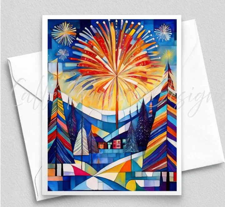 Happy New Year Greeting Card, Welcome 2025 In With a Blast, New Year's Eve Celebration, Watercolor Cubist Artwork, Quilting & Sewing Gift