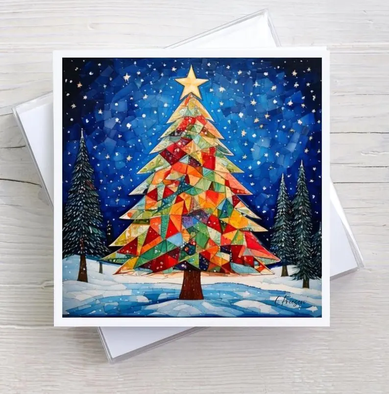 Holiday Greeting Card, A Midnight Clear, Rainbow Holiday Tree, Watercolor Artwork, Christmas Cards, Quilters & Sewer Gifts