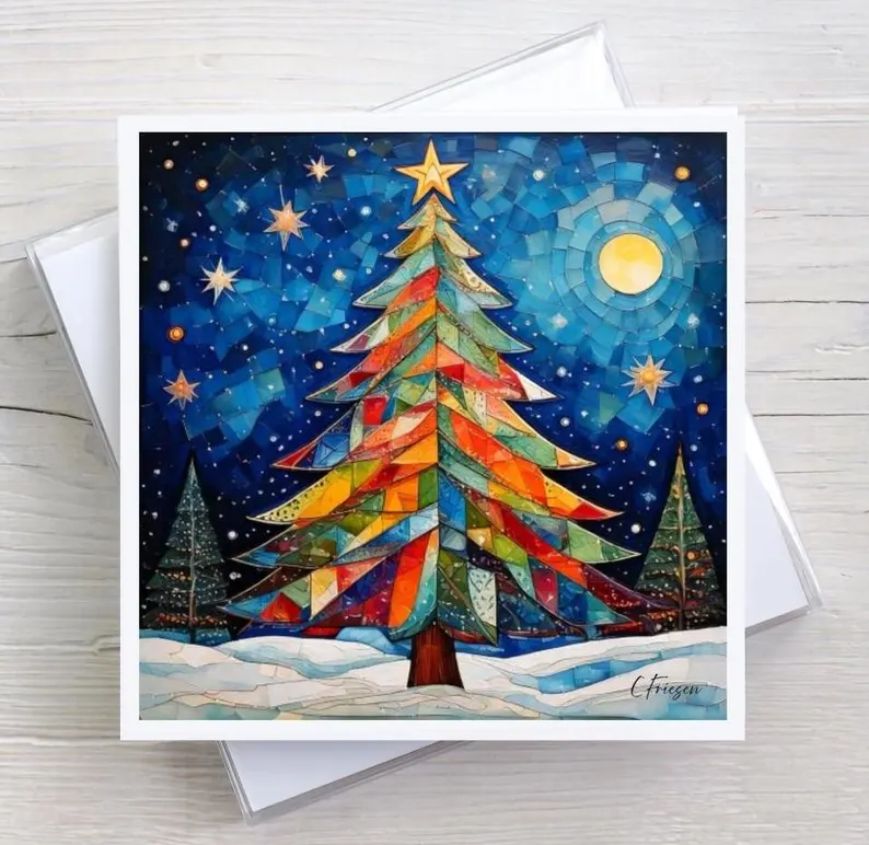 Holiday Greeting Card, A Midnight Dear, Rainbow Holiday Tree, Watercolor Artwork, Christmas Cards, Quilters & Sewer Gifts