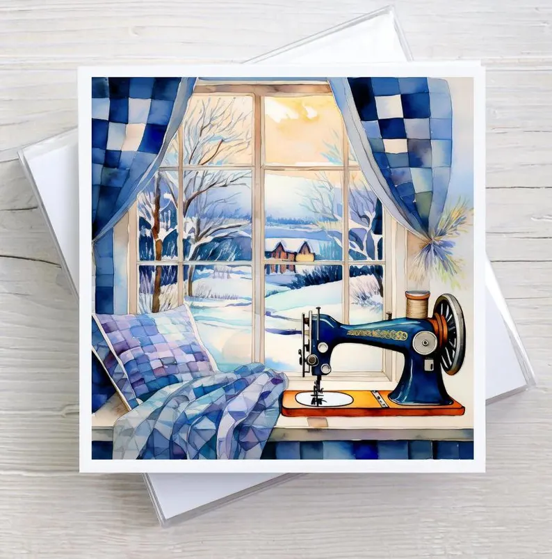 Sewing Room Snow Day Greeting Card Boxed Set, 5 Designs, Watercolor Cubist Artwork, Quilting & Sewing Gifts Notecards, Framable Art Cards
