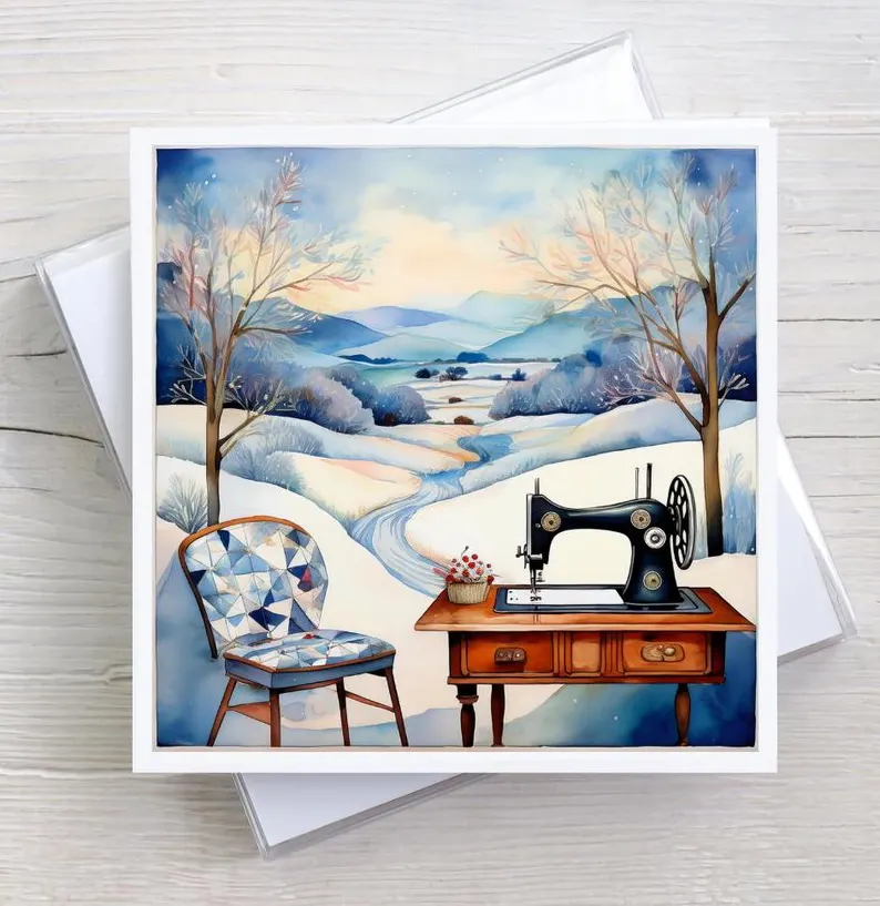 Sewing Room Snow Day Greeting Card Boxed Set, 5 Designs, Watercolor Cubist Artwork, Quilting & Sewing Gifts Notecards, Framable Art Cards