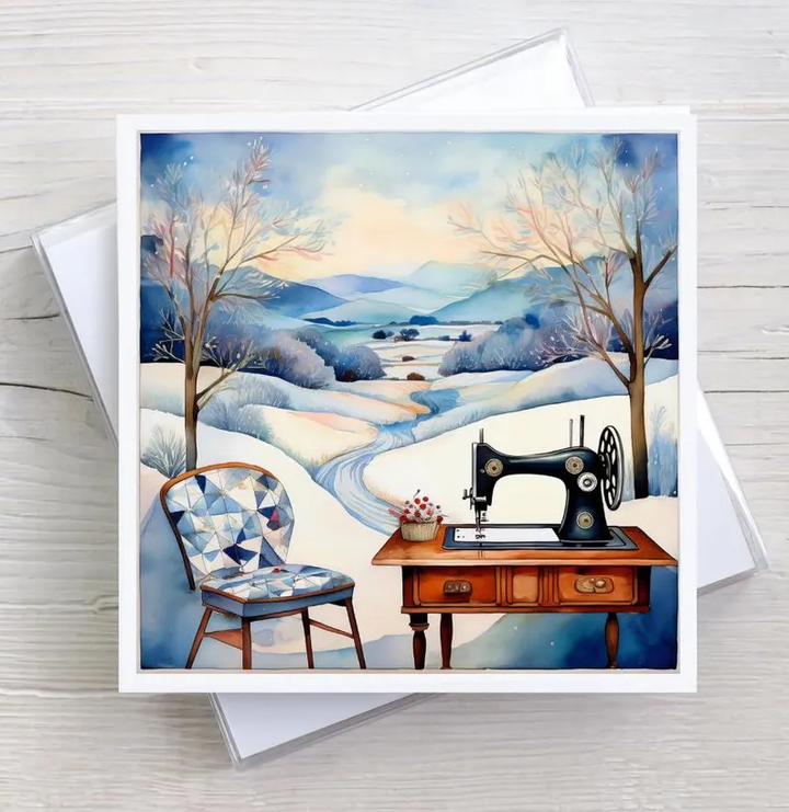 Sewing Room Snow Day Greeting Card Boxed Set, 5 Designs, Watercolor Cubist Artwork, Quilting & Sewing Gifts Notecards, Framable Art Cards