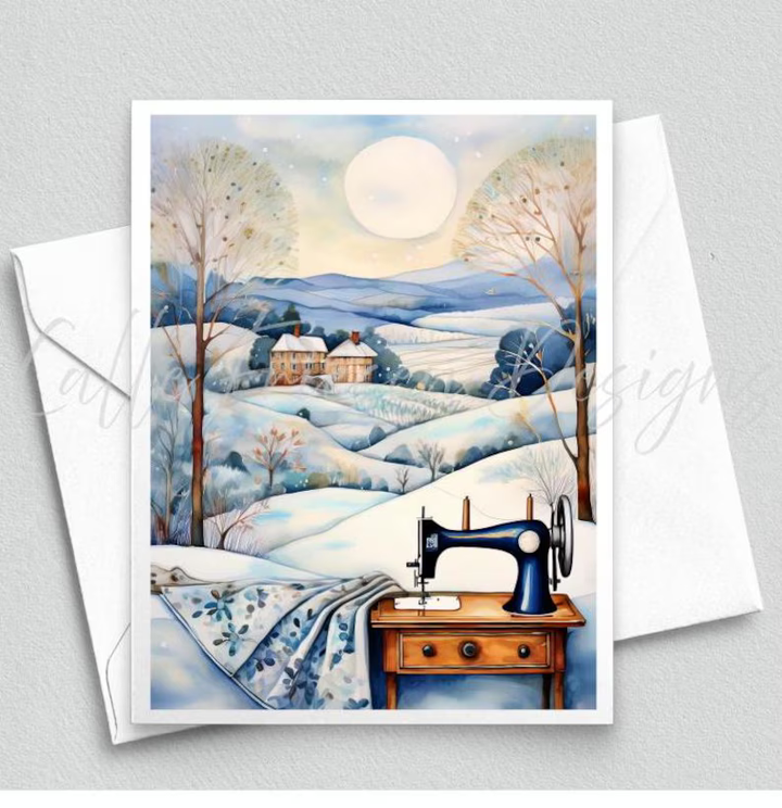 Midwinter Splendor Greeting 6 Card Boxed Set, Watercolor Cubist Artwork, Quilting & Sewing Gifts Notecard, Framable Art Card, Quilt Snow Day