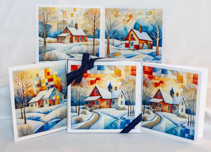 Boxed Set of Blank Greeting Cards, 4 Designs, Watercolor Cubist Artwork, Quilting & Sewing