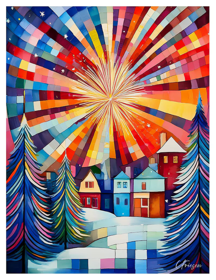 Happy New Year Greeting Card, Welcome 2025, Midnight Moment, New Year's Eve Celebration, Watercolor Cubist Artwork, Quilting & Sewing Gift