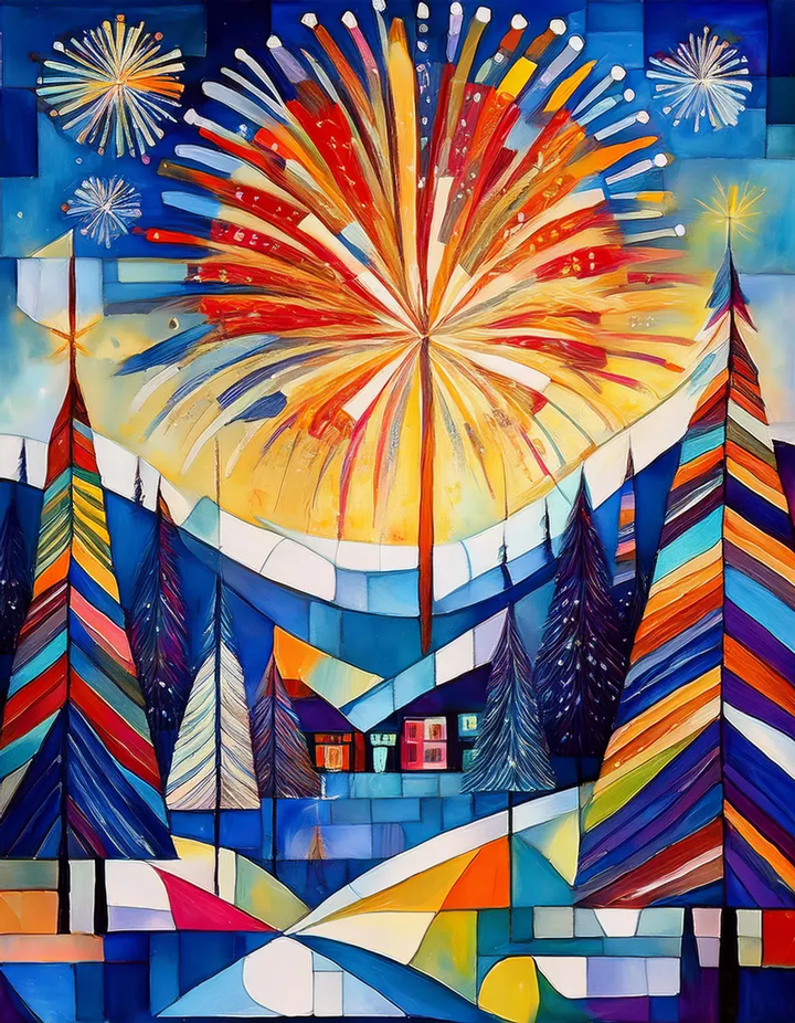 Happy New Year Greeting Card, Welcome 2025 In With a Blast, New Year's Eve Celebration, Watercolor Cubist Artwork, Quilting & Sewing Gift