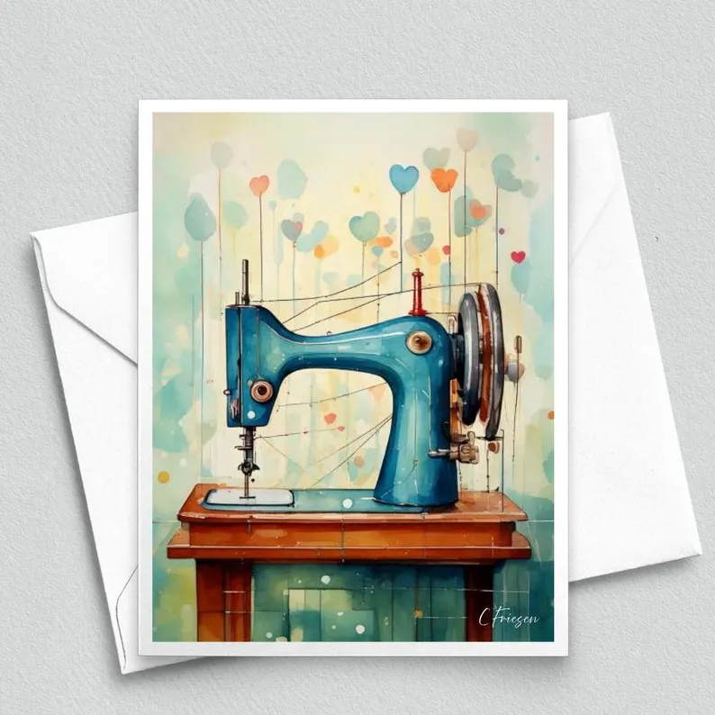 Valentine Quilter Crafter Greeting Card, Antique Aqua Vintage Singer Sewing Machine, Sewing Romance, Quilt Club, Friendship, Sewing Gift
