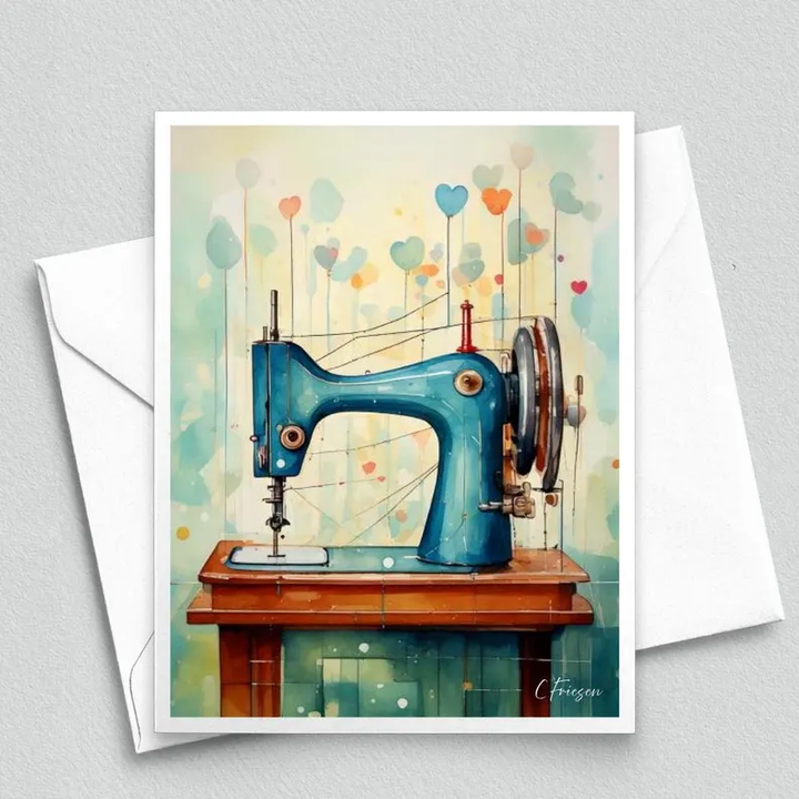 Valentine Quilter Crafter Greeting Card, Antique Aqua Vintage Singer Sewing Machine, Sewing Romance, Quilt Club, Friendship, Sewing Gift
