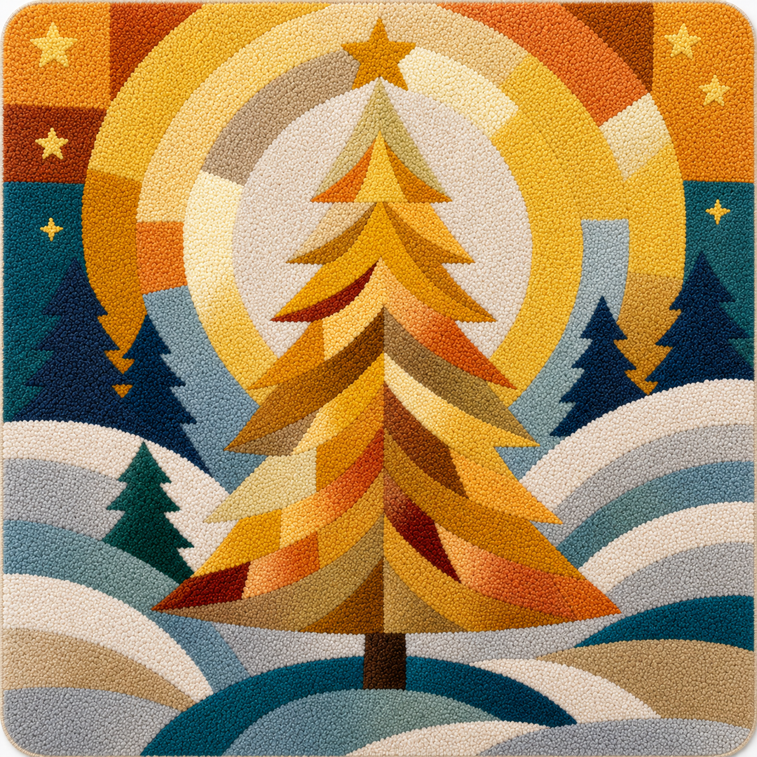 Oh Gold Christmas Tree completed punch needle project